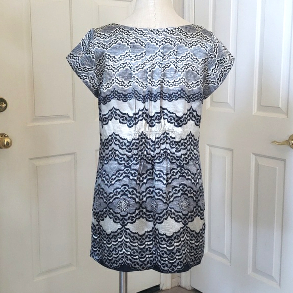 CAbi 100% Silk Blouse – Chantilly Lace Print Illusion | Black & White | MEDIUM - Picture 6 of 16